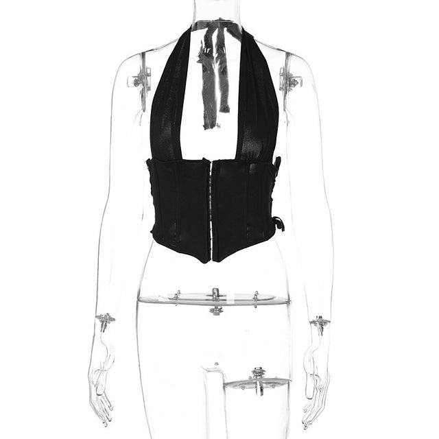 2022 Summer Chic Breasted Backless Fashion Womens Clothing Black Casual Crop Top Rave Festival Sexy Halter Tops Shirt Streetwear