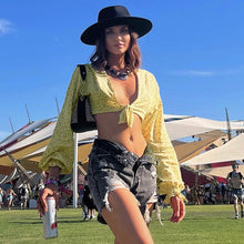 Load image into Gallery viewer, 2022 Summer Chic Printing Fashion Women&#39;s Clothing Trumpet Long Sleeves Cardigan Crop Top Rave Festival Sexy Bandage Tops Shirt