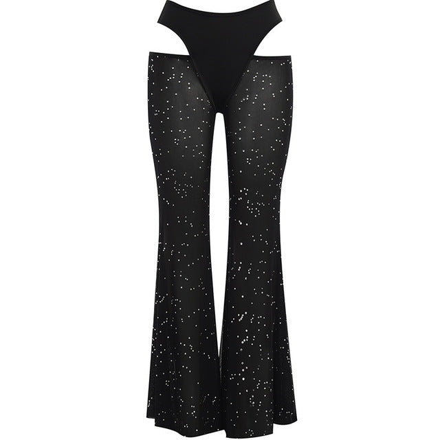 2022 Summer Design High Waist Solid Bright Silk Transparent Skinny Flared Trousers Streetwear Fashion Base Womens Casual Pants