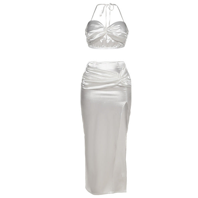 2022 Summer Fashion Satin Camis Tube Top and Maxi Skirt 2 Piece Set for Women Matching Sets Outfits Sexy Backless Elegant Vacat