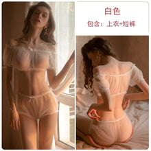 Load image into Gallery viewer, 2022 Summer New 3 Colors Sexy Sweet Girls Sheer Sleepwear Suits Lingerie + Shorts Fairy One Shoulder Perspective Nightdress Set