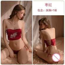 Load image into Gallery viewer, 2022 Summer New Retro Satin Embroidery Bandage Bra Alluring Underwear Two Piece Set For Women Sexy Temptation Erotic Lingerie