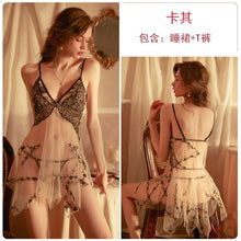 Load image into Gallery viewer, 2022 Summer New Sexy Lace Embroidery Nightdress Net Yarn Perspective Puffy Suspender Skirts with Panty Home Wear Two-piece Suit