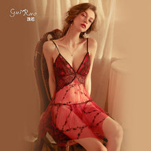 Load image into Gallery viewer, 2022 Summer New Sexy Lace Embroidery Nightdress Net Yarn Perspective Puffy Suspender Skirts with Panty Home Wear Two-piece Suit