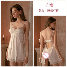 Load image into Gallery viewer, 2022 Summer New Sling Dress Backless Side Split Private House V Neck Sexy Women Sleepwear Lace Nightdress Silk Solid Color Sling