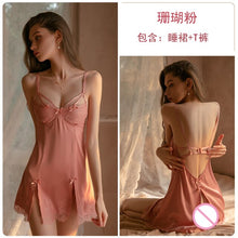 Load image into Gallery viewer, 2022 Summer New Sling Dress Backless Side Split Private House V Neck Sexy Women Sleepwear Lace Nightdress Silk Solid Color Sling