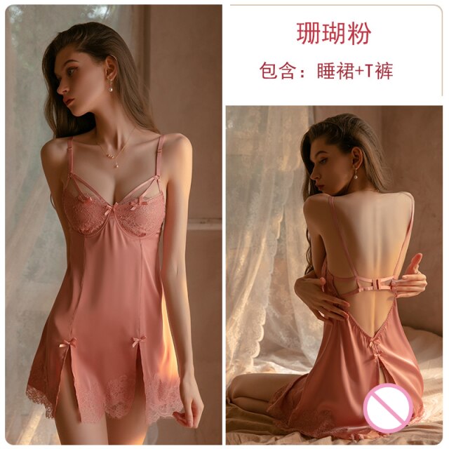 2022 Summer New Sling Dress Backless Side Split Private House V Neck Sexy Women Sleepwear Lace Nightdress Silk Solid Color Sling