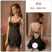 Load image into Gallery viewer, 2022 Summer New Sling Dress Backless Side Split Private House V Neck Sexy Women Sleepwear Lace Nightdress Silk Solid Color Sling