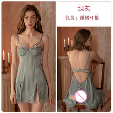 Load image into Gallery viewer, 2022 Summer New Sling Dress Backless Side Split Private House V Neck Sexy Women Sleepwear Lace Nightdress Silk Solid Color Sling