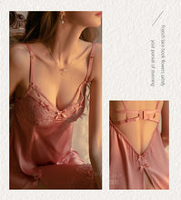 Load image into Gallery viewer, 2022 Summer New Sling Dress Backless Side Split Private House V Neck Sexy Women Sleepwear Lace Nightdress Silk Solid Color Sling