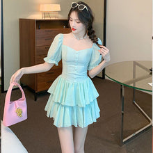Load image into Gallery viewer, 2022 Summer New Women Dress Sexy Square Neck Pleated Puff Sleeve young girl Mini Dress Sweet Slim Elegant Fairy vestido