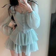 Load image into Gallery viewer, 2022 Summer New Women Dress Sexy Square Neck Pleated Puff Sleeve young girl Mini Dress Sweet Slim Elegant Fairy vestido