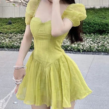 Load image into Gallery viewer, 2022 Summer New Women Dress Sexy Square Neck Pleated Puff Sleeve young girl Mini Dress Sweet Slim Elegant Fairy vestido