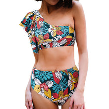 Load image into Gallery viewer, 2022 Summer New Women&#39;s Bikini Flower Print Swimsuit Girls Vacation One-shoulder Flounces Split  High-waisted 2 Pieces Swimwear