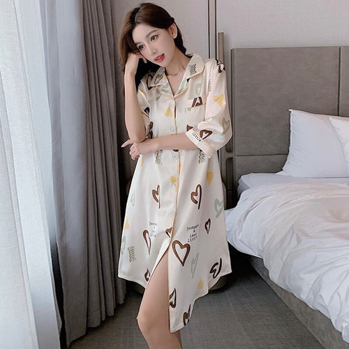 2022 Summer Plus Size Short Sleeve Sexy Silk Satin Print Nightgowns for Women Loose Sleepwear Nightdress Night Dress Home Nighty