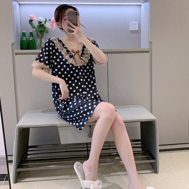 2022 Summer Plus Size Short Sleeve Sexy V-neck Leopard Silk Satin Nightgown for Women Cute Lace Sleepwear Nightdress Night Dress