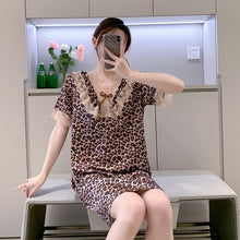 Load image into Gallery viewer, 2022 Summer Plus Size Short Sleeve Sexy V-neck Leopard Silk Satin Nightgown for Women Cute Lace Sleepwear Nightdress Night Dress