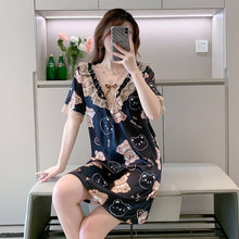 Load image into Gallery viewer, 2022 Summer Plus Size Short Sleeve Sexy V-neck Leopard Silk Satin Nightgown for Women Cute Lace Sleepwear Nightdress Night Dress