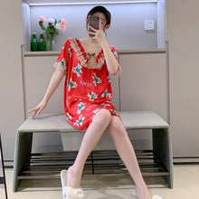 Load image into Gallery viewer, 2022 Summer Plus Size Short Sleeve Sexy V-neck Leopard Silk Satin Nightgown for Women Cute Lace Sleepwear Nightdress Night Dress