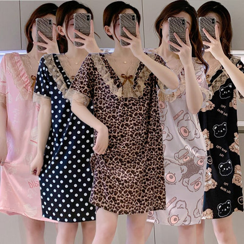 2022 Summer Plus Size Short Sleeve Sexy V-neck Leopard Silk Satin Nightgown for Women Cute Lace Sleepwear Nightdress Night Dress