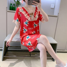 Load image into Gallery viewer, 2022 Summer Plus Size Short Sleeve Sexy V-neck Leopard Silk Satin Nightgown for Women Cute Lace Sleepwear Nightdress Night Dress