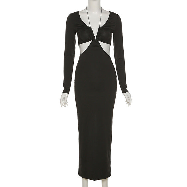 2022 Summer Sexy Backless Cutout Maxi Dress Club Party Outfits for Women Long Sleeves Black Elegant Straps Prom Dresses Casual