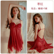Load image into Gallery viewer, 2022 Summer Sexy Nightgown for Women Lace Split Backless Strap Nightdress With Thong Suit Sleepwear Temptation Night Sleep Dress