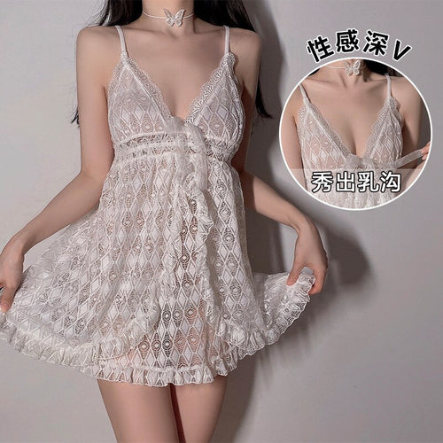 2022 Summer Sexy Pajamas Dress for Women Sweet Lace Sling Ruffle Perspective Ultra-Thin Nightdress Temptation Home Nightwear
