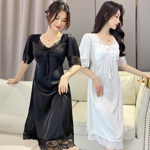 2022 Summer Short Sleeve Sexy Lace V-neck Silk Satin Nightgown for Women Cute Court Sleepwear Nightdress Night Dress Home Nighty