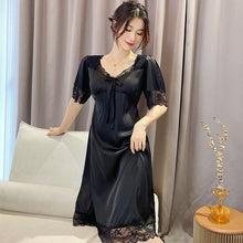 Load image into Gallery viewer, 2022 Summer Short Sleeve Sexy Lace V-neck Silk Satin Nightgown for Women Cute Court Sleepwear Nightdress Night Dress Home Nighty