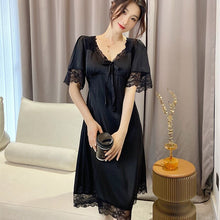 Load image into Gallery viewer, 2022 Summer Short Sleeve Sexy Lace V-neck Silk Satin Nightgown for Women Cute Court Sleepwear Nightdress Night Dress Home Nighty