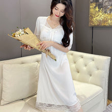 Load image into Gallery viewer, 2022 Summer Short Sleeve Sexy Lace V-neck Silk Satin Nightgown for Women Cute Court Sleepwear Nightdress Night Dress Home Nighty