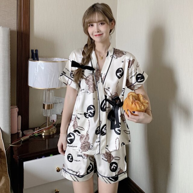 2022 Summer Silk Satin Short Sleeve Shorts Kimono Pajama Sets for Women Cute Cartoon Cow Sleepwear Homewear Pijama Mujer Clothes