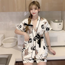 Load image into Gallery viewer, 2022 Summer Silk Satin Short Sleeve Shorts Kimono Pajama Sets for Women Cute Cartoon Cow Sleepwear Homewear Pijama Mujer Clothes