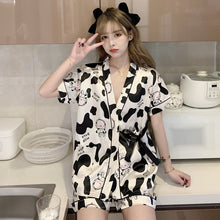 Load image into Gallery viewer, 2022 Summer Silk Satin Short Sleeve Shorts Kimono Pajama Sets for Women Cute Cartoon Cow Sleepwear Homewear Pijama Mujer Clothes