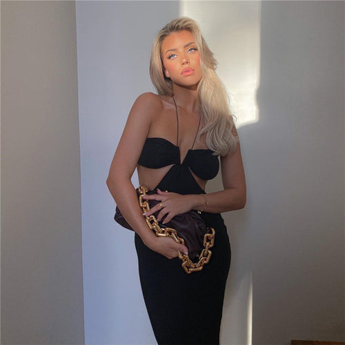 2022 Summer Spaghetti Strap Halter Sexy Backless Midi Dress Elegant Bandage Sleeveless Club Party Dresses Bodycon