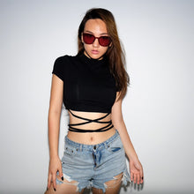 Load image into Gallery viewer, 2022 Summer Women Black Short T-Shirts Sexy Crop Tops Short Sleeve Bandage Tee Tops Female Shirts