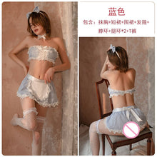 Load image into Gallery viewer, 2022 Summer Women Sexy Kawaii Lace Blue Plaid Tube Top Nightdress Anime Cosplay Maid Japanese Costumes Erotic Lingerie Set 7Pcs