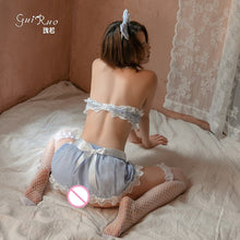 Load image into Gallery viewer, 2022 Summer Women Sexy Kawaii Lace Blue Plaid Tube Top Nightdress Anime Cosplay Maid Japanese Costumes Erotic Lingerie Set 7Pcs