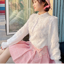 Load image into Gallery viewer, 2022 Sweet Beading Kawaii Blouses Women New Spliced Lace Shirts Schoolgirl Single Breasted Diamonds White Lolita Tops Spring