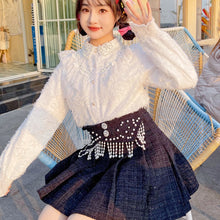 Load image into Gallery viewer, 2022 Sweet Beading Kawaii Blouses Women New Spliced Lace Shirts Schoolgirl Single Breasted Diamonds White Lolita Tops Spring