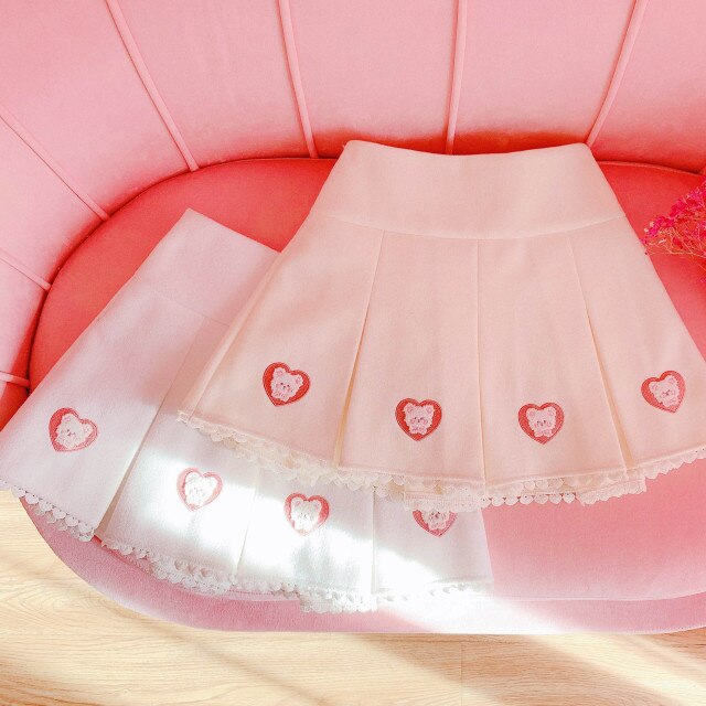 2022 Teen Girls Cute Heart Mini Skirts High Waist Cartoon Kawaii Skirt Preppy Style Spring White Pleated Jupe Japanese New