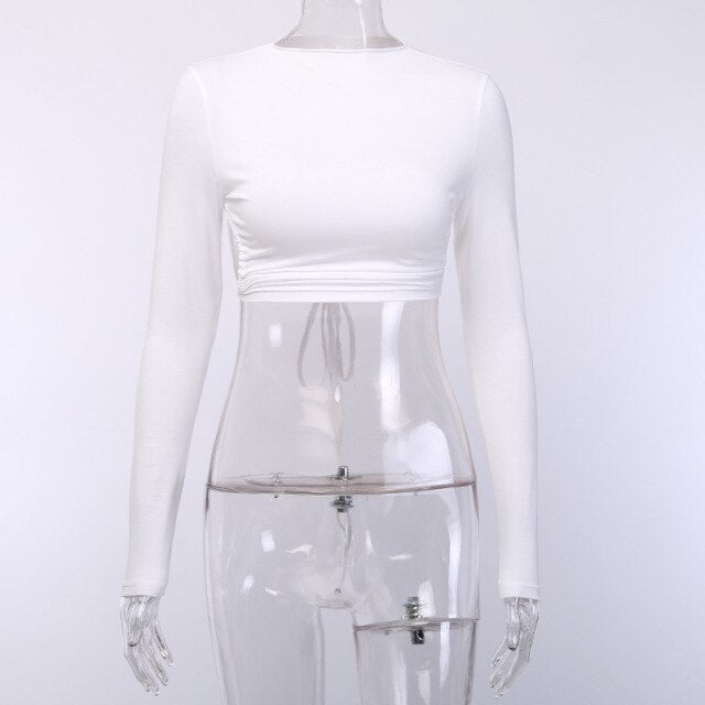 2022 White Long Sleeve Crop Top Women Fashion Elegant Spring Autumn 90s T Shirts Sexy Casual O Neck