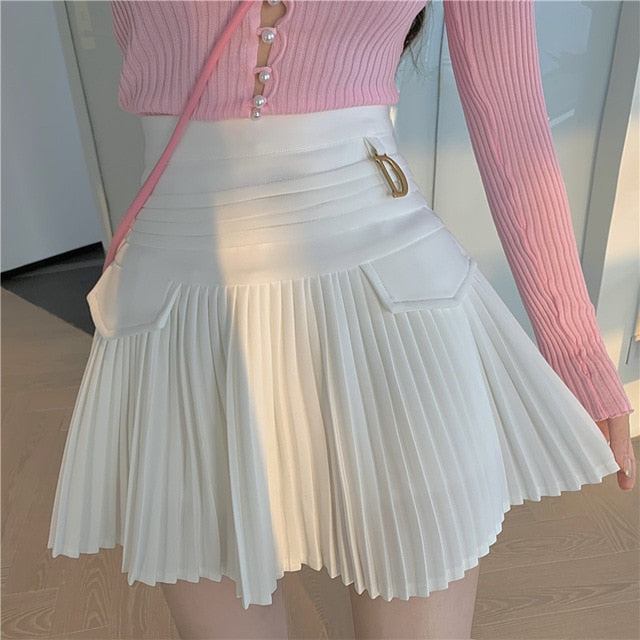 2022 White Pleated Skirts Sexy Casual Slim College Women High Waist Mini Metal Letter D A-Line Clubwear Korean Fashion Style