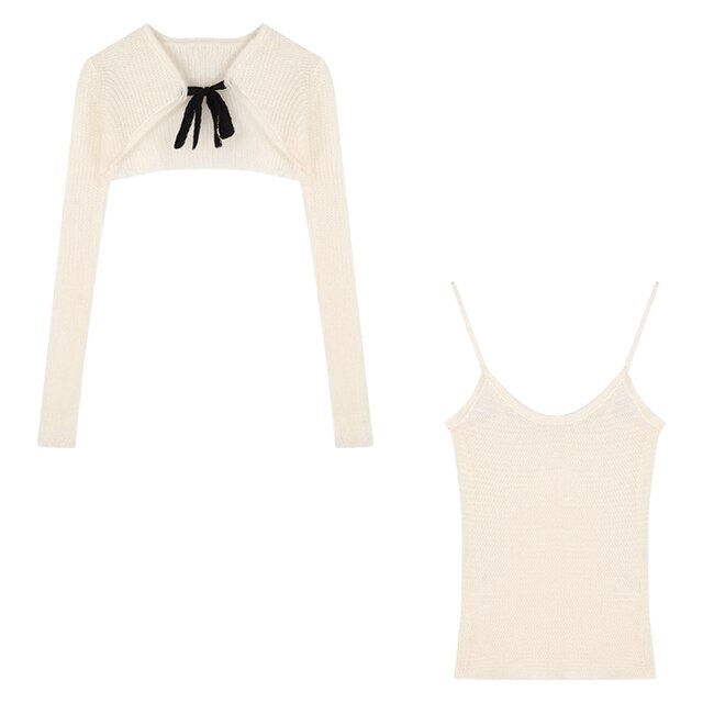 2022 Winter New Korean Fashion Lace-up Solid Color Long-sleeved Cardigan Women + Sexy Slim Knitted Camisole Two-piece Suit