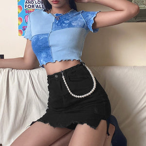 2022 Women Tie Dye Cropped Top Ruffle Frill Short Sleeve Tops Patchwork T-Shirts Round Neck Casual Tees Party Summer Clothes