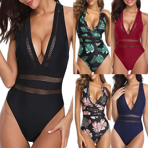 2022 Women's One Piece Swimsuit Black Mesh V-neck Cross Sexy Swimsuit Swimwear Women Bathing Suits Woman High Waist Bikini