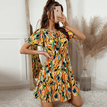 Load image into Gallery viewer, 2022 Women&#39;s Ruffles V Neck Bow Dress Summer Print Short Sleeve Ladies Jumper Casual Lace Up High Waist Female Mini Vestidos