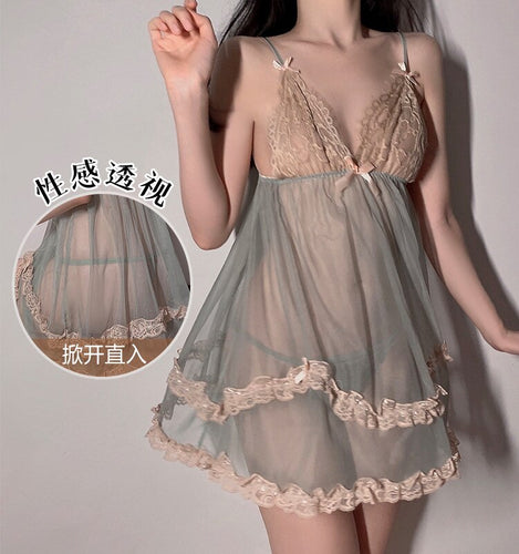 2022 Women's Sexy Mesh See Through Suspender Backless Nightdress Summer Lace Sheer Sleepwear Temptation Nightwear Pajamas Set