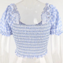 Load image into Gallery viewer, 2022 pastoral style square collar low-cut blue plaid bowknot fungus puff sleeve top women&#39;s summer short cropped T-shirt trend